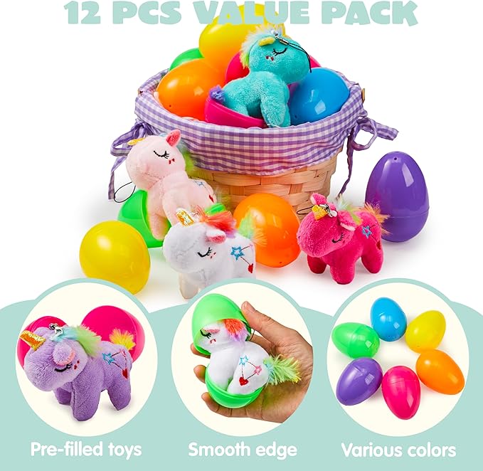 99$-12 Pcs Filled Easter Eggs with Plush Unicorn, Bright Colorful Eggs Prefilled with Variety Plush Unicorn for Kids Toddlers Easter Hunt
