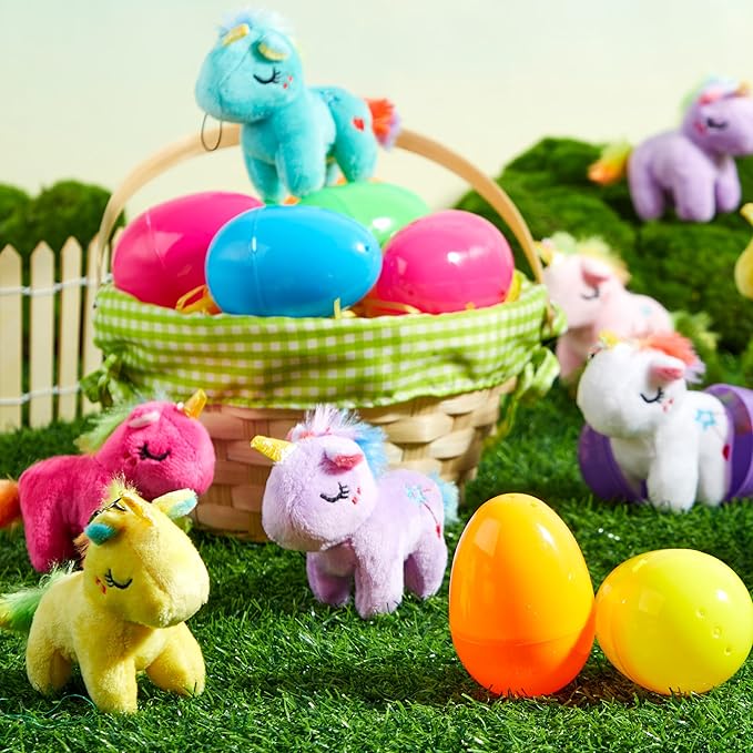99$-12 Pcs Filled Easter Eggs with Plush Unicorn, Bright Colorful Eggs Prefilled with Variety Plush Unicorn for Kids Toddlers Easter Hunt