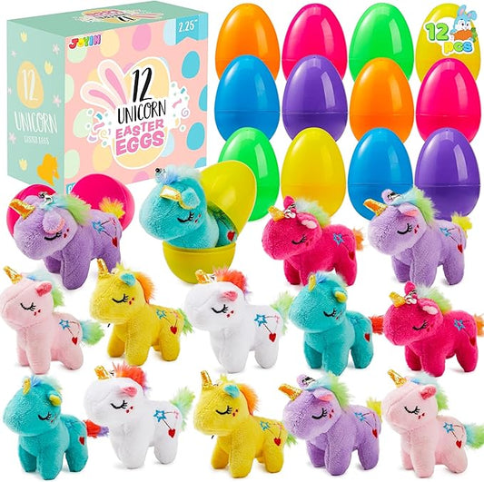 99$-12 Pcs Filled Easter Eggs with Plush Unicorn, Bright Colorful Eggs Prefilled with Variety Plush Unicorn for Kids Toddlers Easter Hunt